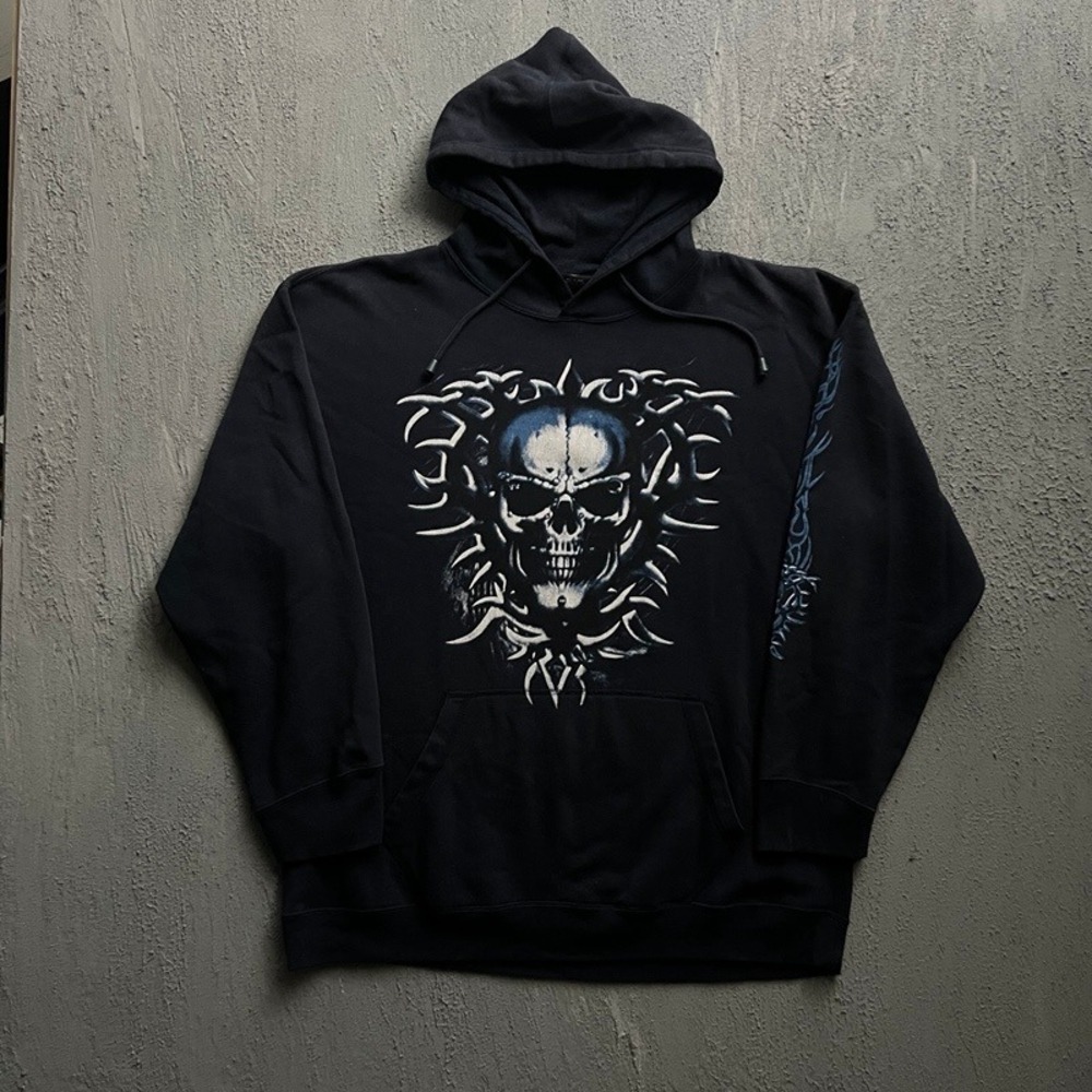 Vintage Chopper Hoodie Large Blue 2000s Y2K Skull Tribal Biker Hoodie